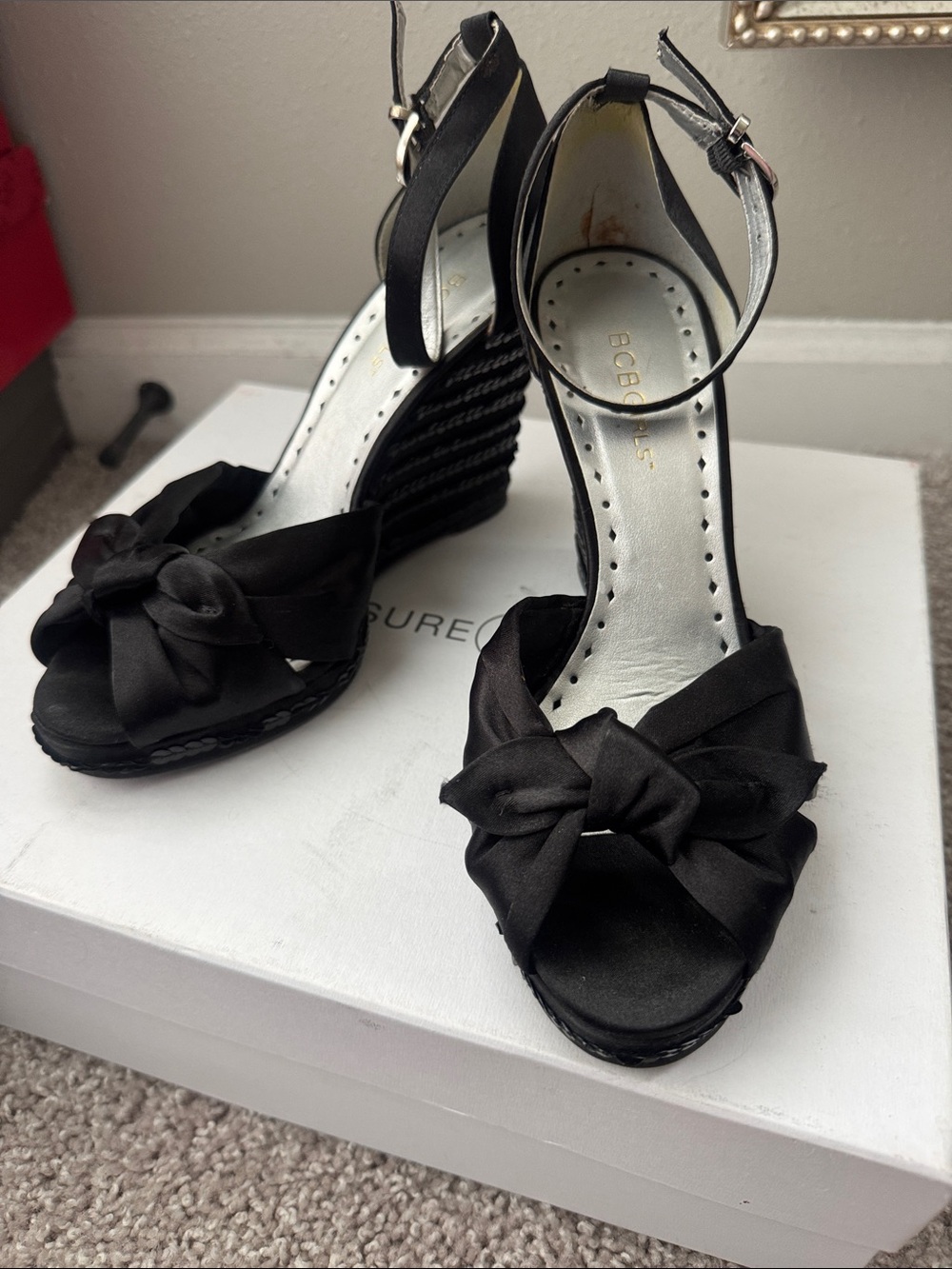BCBGeneration Black Knotted Fabric Wedge Sandals with Ankle Strap